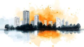 Architectural line art cityscape combined with watercolor splashes, featuring geometric linear drawings of modern buildings with water reflection and minimalist black lines. structure photo