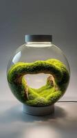 A mossy plant in a glass bowl on a table photo