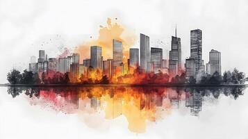 Architectural line art cityscape combined with watercolor splashes, featuring geometric linear drawings of modern buildings with water reflection and minimalist black lines. aesthetic photo