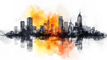 Architectural line art cityscape combined with watercolor splashes, featuring geometric linear drawings of modern buildings with water reflection and minimalist black lines. visual photo