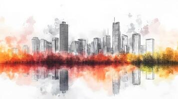 Architectural line art cityscape combined with watercolor splashes, featuring geometric linear drawings of modern buildings with water reflection and minimalist black lines. technique photo
