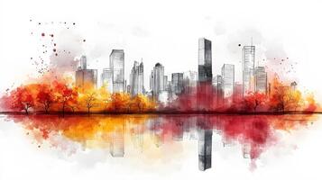 Architectural line art cityscape combined with watercolor splashes, featuring geometric linear drawings of modern buildings with water reflection and minimalist black lines. style photo