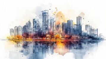 Architectural line art cityscape combined with watercolor splashes, featuring geometric linear drawings of modern buildings with water reflection and minimalist black lines. pattern photo