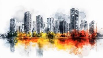 Architectural line art cityscape combined with watercolor splashes, featuring geometric linear drawings of modern buildings with water reflection and minimalist black lines. architecture photo