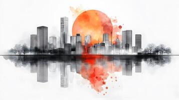 Architectural line art cityscape combined with watercolor splashes, featuring geometric linear drawings of modern buildings with water reflection and minimalist black lines. watercolor photo