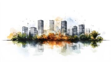 Architectural line art cityscape combined with watercolor splashes, featuring geometric linear drawings of modern buildings with water reflection and minimalist black lines. linear photo