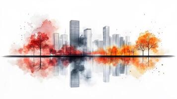 Architectural line art cityscape combined with watercolor splashes, featuring geometric linear drawings of modern buildings with water reflection and minimalist black lines. drawing photo