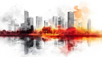 Architectural line art cityscape combined with watercolor splashes, featuring geometric linear drawings of modern buildings with water reflection and minimalist black lines. reflection photo