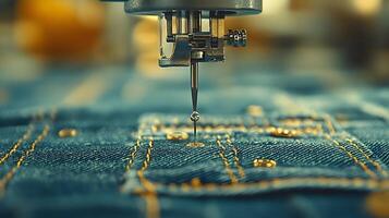 Macro shot of industrial sewing machine stitching denim, featuring golden thread and blue fabric texture with shallow depth of field showing precise manufacturing process. craftsmanship photo