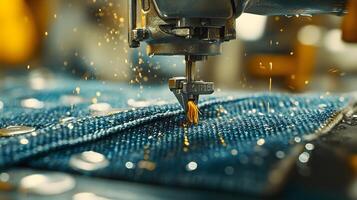 Macro shot of industrial sewing machine stitching denim, featuring golden thread and blue fabric texture with shallow depth of field showing precise manufacturing process. production photo