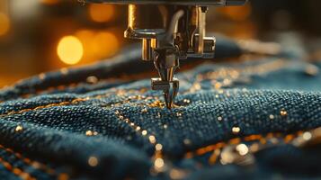 Macro shot of industrial sewing machine stitching denim, featuring golden thread and blue fabric texture with shallow depth of field showing precise manufacturing process. stitching photo