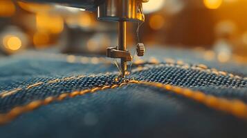 Macro shot of industrial sewing machine stitching denim, featuring golden thread and blue fabric texture with shallow depth of field showing precise manufacturing process. process photo