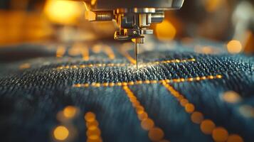 Macro shot of industrial sewing machine stitching denim, featuring golden thread and blue fabric texture with shallow depth of field showing precise manufacturing process. skill photo