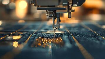 Macro shot of industrial sewing machine stitching denim, featuring golden thread and blue fabric texture with shallow depth of field showing precise manufacturing process. expertise photo