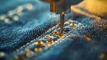 Macro shot of industrial sewing machine stitching denim, featuring golden thread and blue fabric texture with shallow depth of field showing precise manufacturing process. quality photo