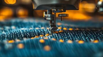 Macro shot of industrial sewing machine stitching denim, featuring golden thread and blue fabric texture with shallow depth of field showing precise manufacturing process. performance photo