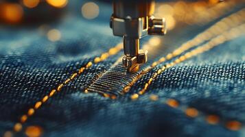 Macro shot of industrial sewing machine stitching denim, featuring golden thread and blue fabric texture with shallow depth of field showing precise manufacturing process. efficiency photo