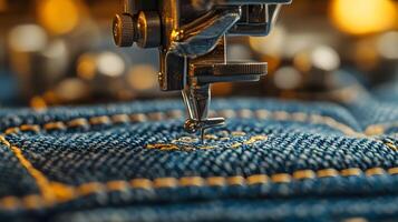 Macro shot of industrial sewing machine stitching denim, featuring golden thread and blue fabric texture with shallow depth of field showing precise manufacturing process. operation photo