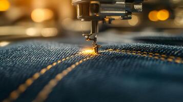 Macro shot of industrial sewing machine stitching denim, featuring golden thread and blue fabric texture with shallow depth of field showing precise manufacturing process. mechanism photo