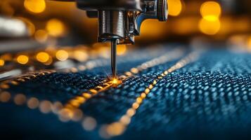 Macro shot of industrial sewing machine stitching denim, featuring golden thread and blue fabric texture with shallow depth of field showing precise manufacturing process. engineering photo