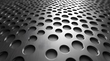 Industrial metallic surface with perforated circular pattern, displaying brushed aluminum texture and geometric grid design with polished chrome finish and professional lighting. metallic photo