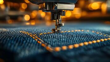 Macro shot of industrial sewing machine stitching denim, featuring golden thread and blue fabric texture with shallow depth of field showing precise manufacturing process. thread photo