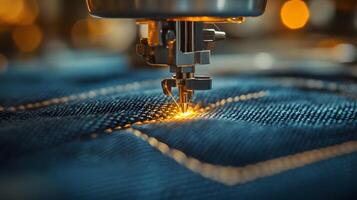 Macro shot of industrial sewing machine stitching denim, featuring golden thread and blue fabric texture with shallow depth of field showing precise manufacturing process. machine photo
