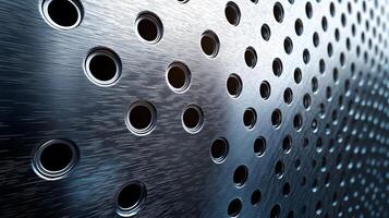 Industrial metallic surface with perforated circular pattern, displaying brushed aluminum texture and geometric grid design with polished chrome finish and professional lighting. pattern photo