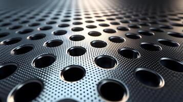 Industrial metallic surface with perforated circular pattern, displaying brushed aluminum texture and geometric grid design with polished chrome finish and professional lighting. grid photo