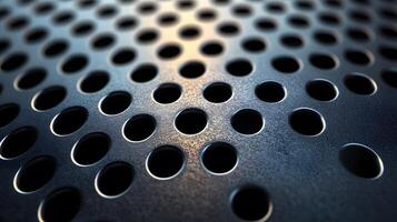 Industrial metallic surface with perforated circular pattern, displaying brushed aluminum texture and geometric grid design with polished chrome finish and professional lighting. geometric photo
