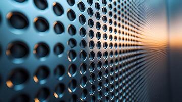 Industrial metallic surface with perforated circular pattern, displaying brushed aluminum texture and geometric grid design with polished chrome finish and professional lighting. aluminum photo