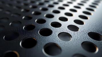 Industrial metallic surface with perforated circular pattern, displaying brushed aluminum texture and geometric grid design with polished chrome finish and professional lighting. chrome photo