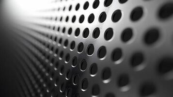 Industrial metallic surface with perforated circular pattern, displaying brushed aluminum texture and geometric grid design with polished chrome finish and professional lighting. industrial photo