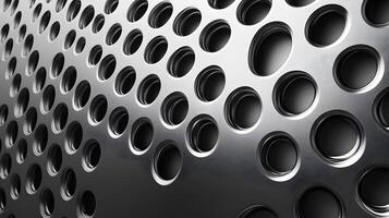 Industrial metallic surface with perforated circular pattern, displaying brushed aluminum texture and geometric grid design with polished chrome finish and professional lighting. texture photo