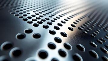 Industrial metallic surface with perforated circular pattern, displaying brushed aluminum texture and geometric grid design with polished chrome finish and professional lighting. finish photo
