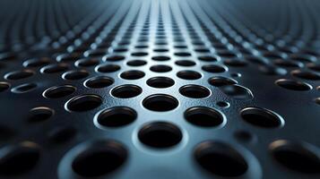 Industrial metallic surface with perforated circular pattern, displaying brushed aluminum texture and geometric grid design with polished chrome finish and professional lighting. professional photo