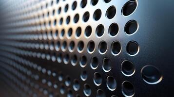 Industrial metallic surface with perforated circular pattern, displaying brushed aluminum texture and geometric grid design with polished chrome finish and professional lighting. material photo