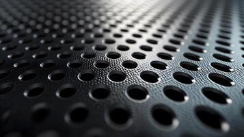 Industrial metallic surface with perforated circular pattern, displaying brushed aluminum texture and geometric grid design with polished chrome finish and professional lighting. manufacturing photo