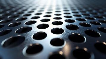 Industrial metallic surface with perforated circular pattern, displaying brushed aluminum texture and geometric grid design with polished chrome finish and professional lighting. precision photo
