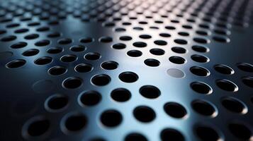 Industrial metallic surface with perforated circular pattern, displaying brushed aluminum texture and geometric grid design with polished chrome finish and professional lighting. engineering photo