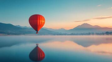 Hot air balloon floating above a mountain lake at dawn, capturing perfect reflection in calm waters with pastel sunrise colors and dreamy morning mist in a panoramic view. tranquil photo