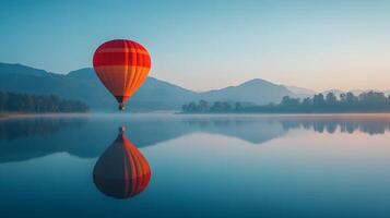 Hot air balloon floating above a mountain lake at dawn, capturing perfect reflection in calm waters with pastel sunrise colors and dreamy morning mist in a panoramic view. adventure photo