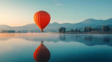Hot air balloon floating above a mountain lake at dawn, capturing perfect reflection in calm waters with pastel sunrise colors and dreamy morning mist in a panoramic view. journey photo