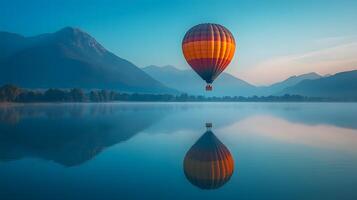 Hot air balloon floating above a mountain lake at dawn, capturing perfect reflection in calm waters with pastel sunrise colors and dreamy morning mist in a panoramic view. exploration photo