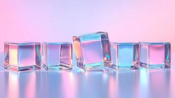 Transparent glass cubes arranged in a row displaying iridescent reflections and holographic effects, illuminated by pink and blue gradient lighting on a white background. white photo