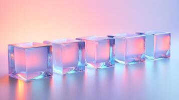 Transparent glass cubes arranged in a row displaying iridescent reflections and holographic effects, illuminated by pink and blue gradient lighting on a white background. clarity photo