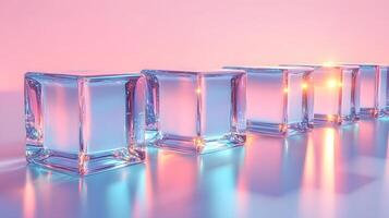 Transparent glass cubes arranged in a row displaying iridescent reflections and holographic effects, illuminated by pink and blue gradient lighting on a white background. luminous photo
