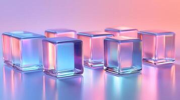 Transparent glass cubes arranged in a row displaying iridescent reflections and holographic effects, illuminated by pink and blue gradient lighting on a white background. prismatic photo