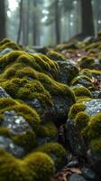A moss covered rock in the woods photo