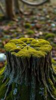 A moss covered stump sitting in the middle of a forest photo